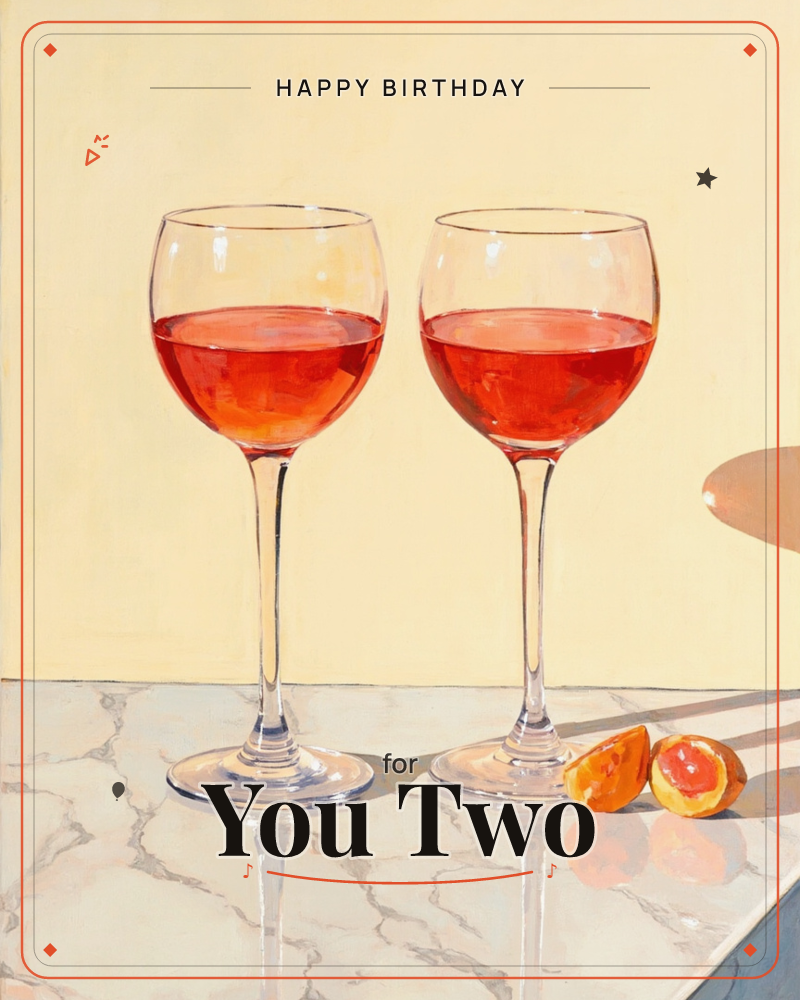 Two glasses of rosé wine stand side by side on a sunlit marble counter, their long stems catching sharp afternoon light against a warm yellow wall, a birthday e-card design