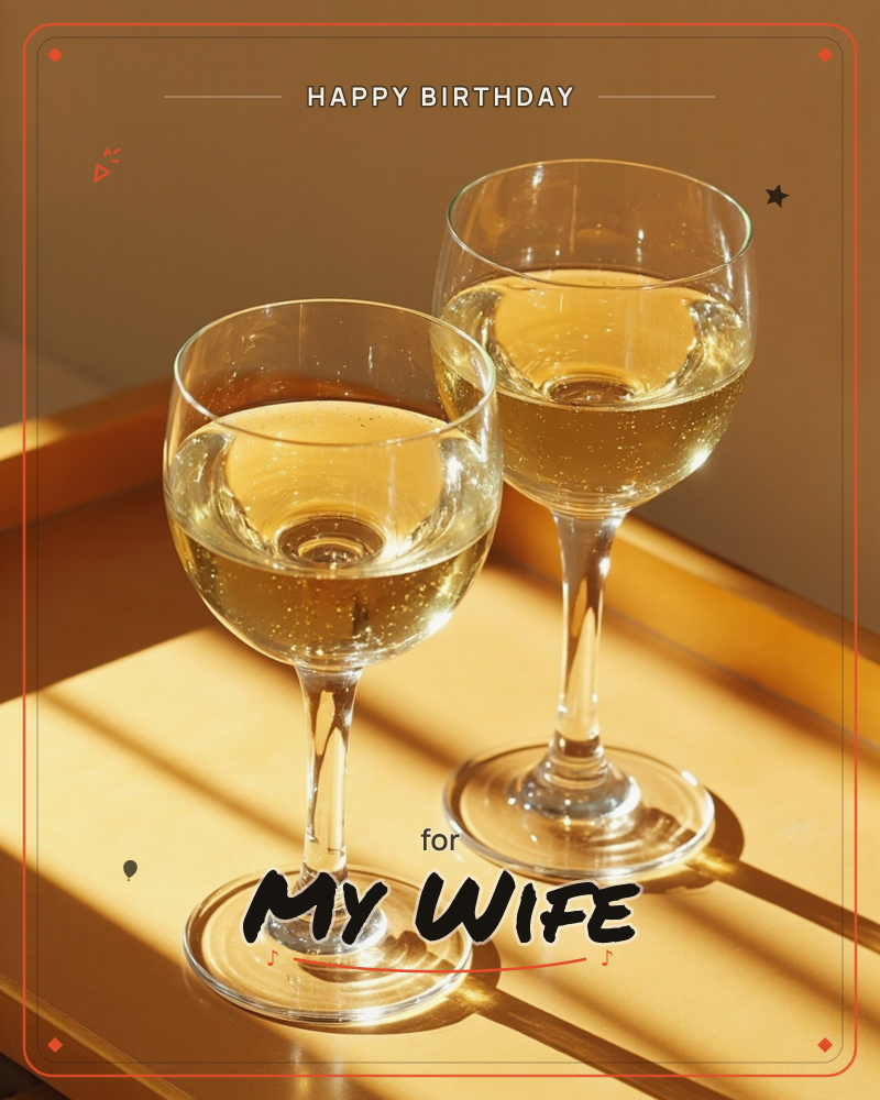 Two glasses of white wine catch late-afternoon sun on a honey-toned wooden tray, their stems throwing long striped shadows across the surface, a birthday e-card design