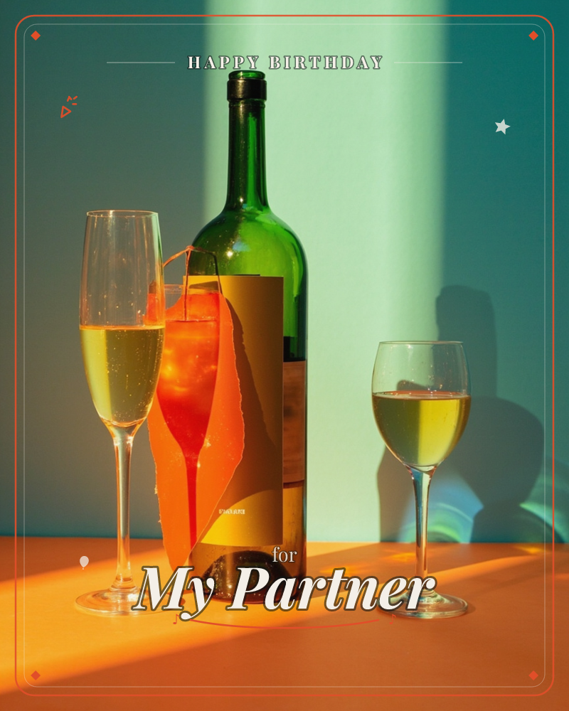 A green wine bottle with a torn orange gift tag stands between two stemmed glasses of pale gold wine on an orange tabletop, backlit by a shaft of warm…, a birthday e-card design