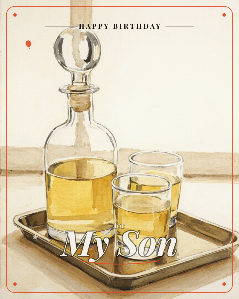 A glass decanter with a round stopper sits beside two filled tumblers of amber liquid, all arranged on a small brass tray against a plain cream wall, a birthday e-card design