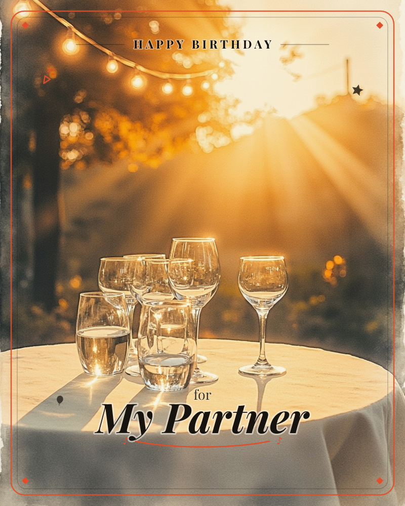A round table draped in white linen holds a small cluster of wine and water glasses, backlit by a golden sunset streaming through trees, a birthday e-card design