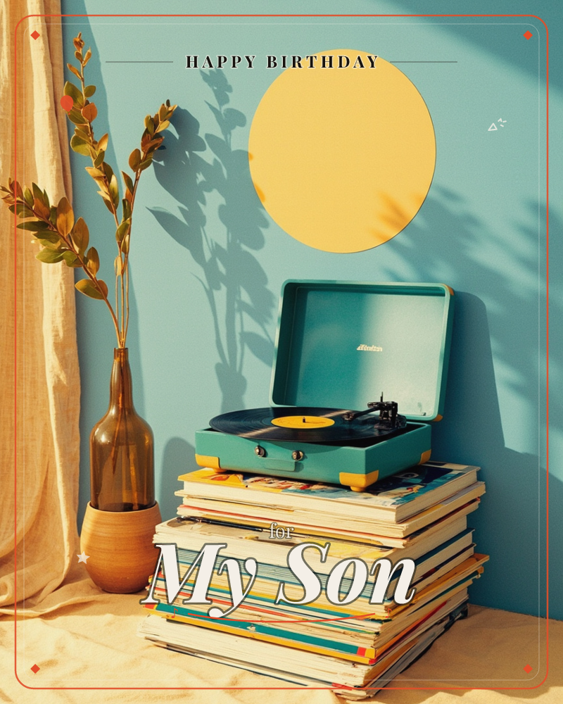 A retro teal record player sits open atop a tall stack of vinyl albums, spinning a yellow-labeled disc against a soft blue wall, a birthday e-card design