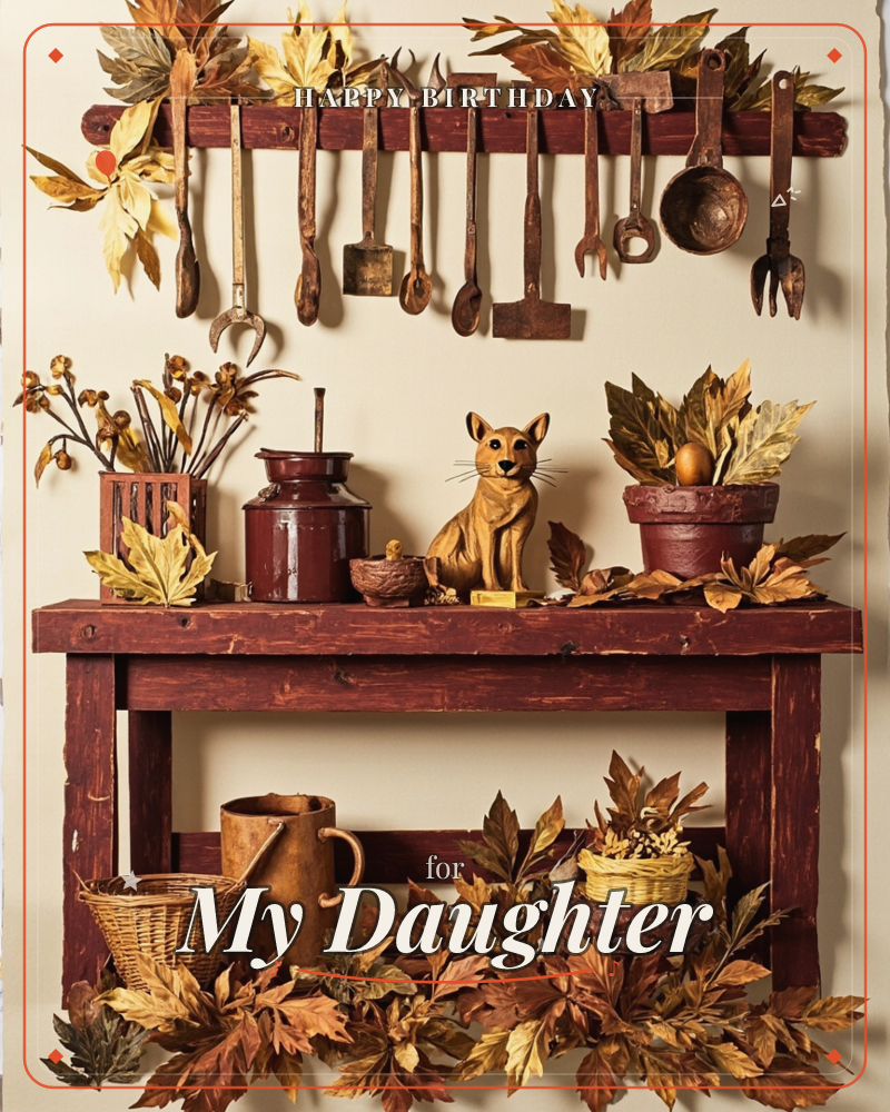 A weathered wooden shelf holds a display of vintage farm tools, a rusty milk can, a small carved fox figurine, and a potted arrangement of dried…, a birthday e-card design