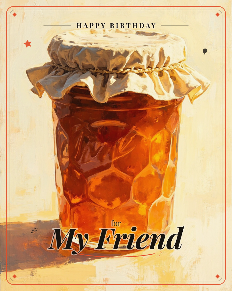 A honeycomb-textured glass jar of amber honey sits in warm golden light, its lid covered with a gathered fabric topper tied with twine, a birthday e-card design