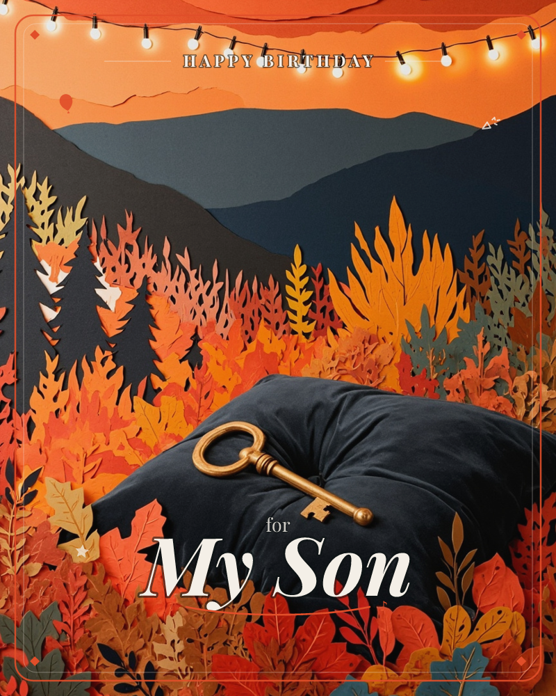 A paper-cut mountain landscape glows in autumn oranges and reds beneath a string of warm fairy lights, with layered silhouettes of foxes hiding among…, a birthday e-card design