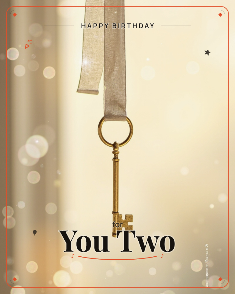 A single ornate gold key hangs from a sheer champagne-coloured ribbon against a warm, glowing backdrop scattered with soft bokeh lights, a birthday e-card design