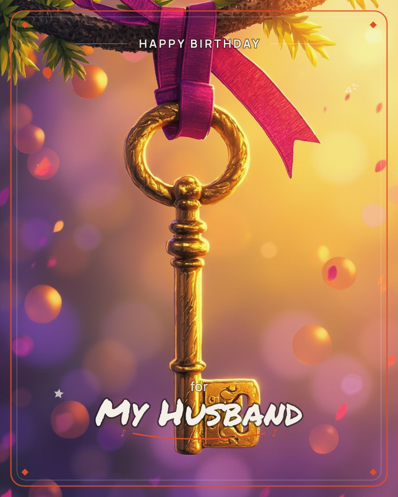An ornate gold key with a crowned initial on its bow hangs from a pine branch, tied on with a curling magenta ribbon, a birthday e-card design
