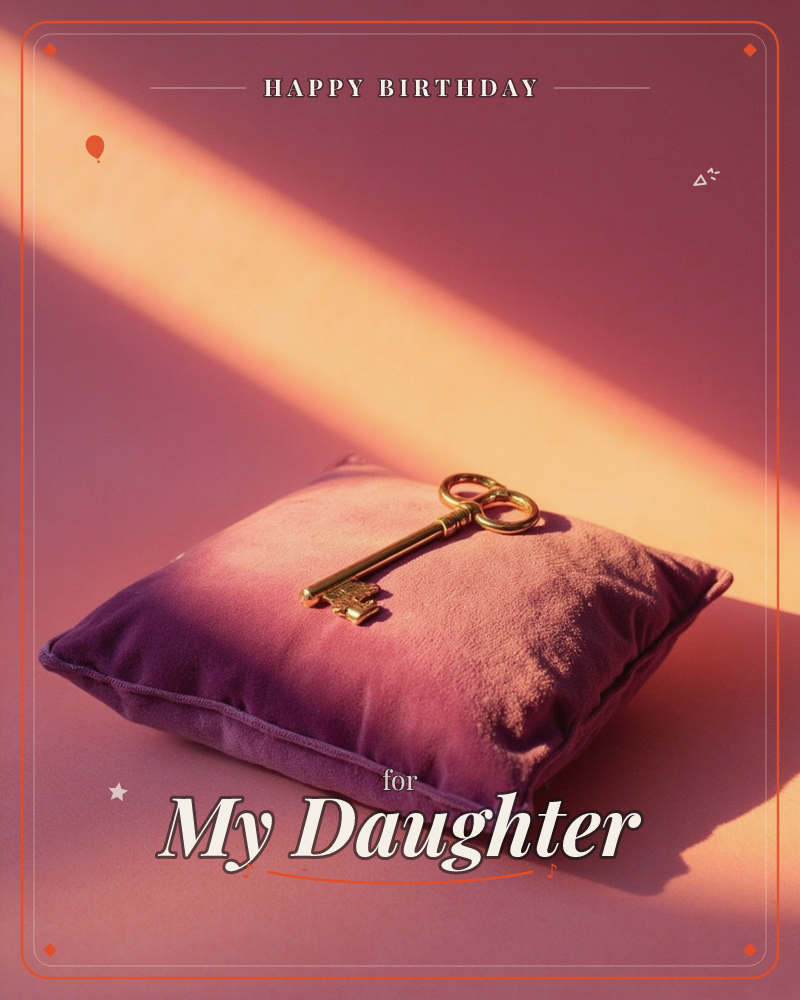 A small mauve velvet cushion sits against a dusky pink backdrop, a single ornate gold key resting on top as if presented on a ceremonial pillow, a birthday e-card design