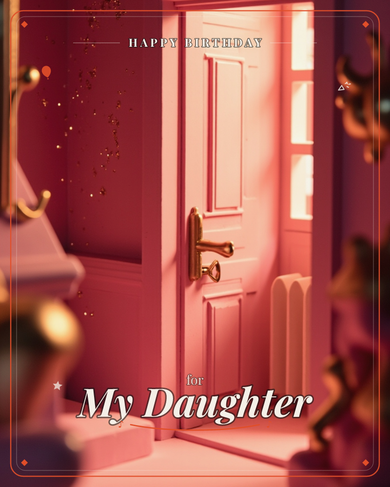 A miniature pink panelled door stands ajar, its brass handle and key catching a warm glow spilling from the room beyond, a birthday e-card design