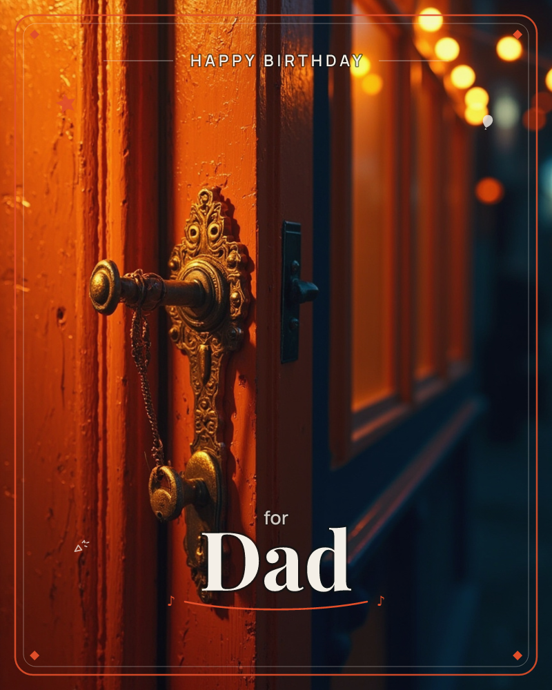 A close-up of an ornate brass door handle set into a warmly painted orange door, lit by the amber glow of string lights strung along a row of windows…, a birthday e-card design
