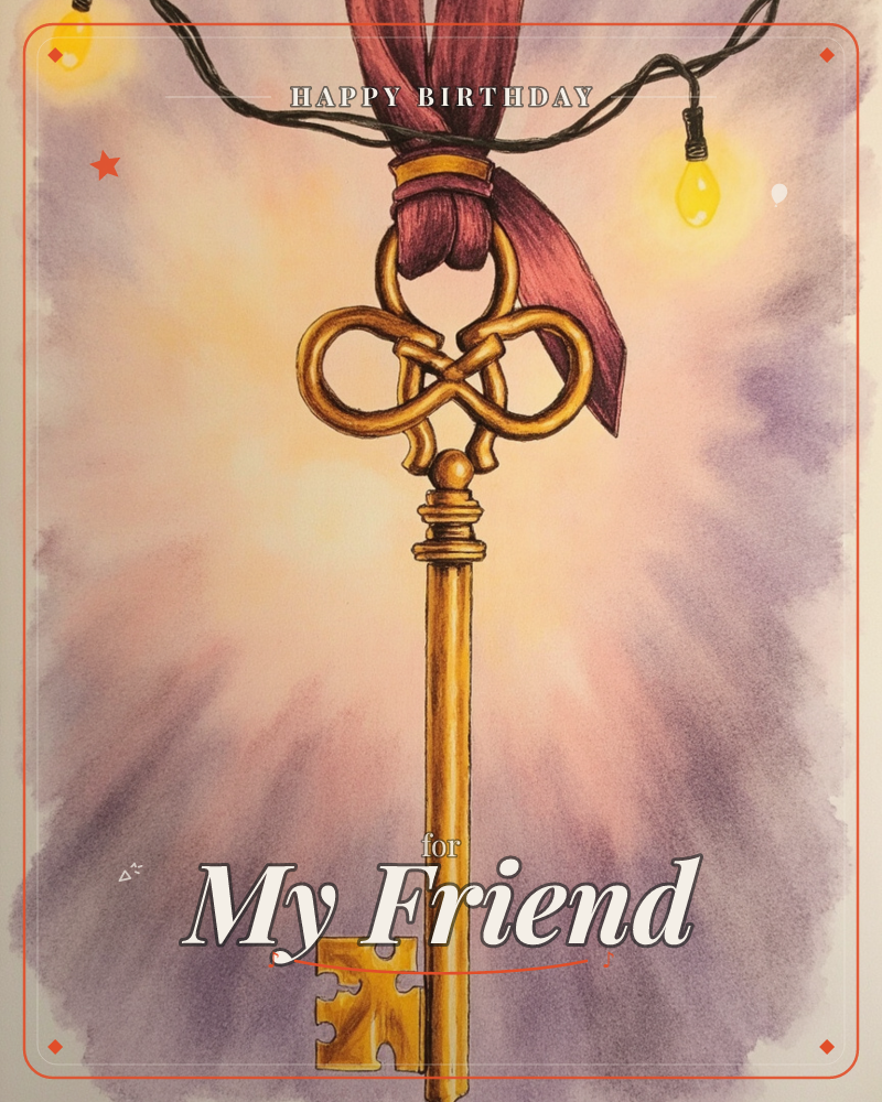 A large ornate gold key with a trefoil-knot handle hangs from a wine-red ribbon, strung between two glowing string lights against a glowing purple and…, a birthday e-card design