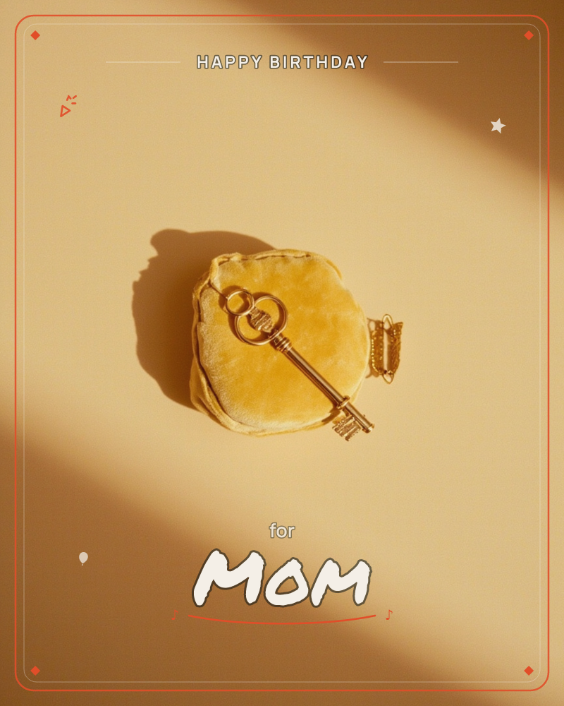 A small round velvet pouch in warm mustard gold sits on a matching gold backdrop, a tiny brass butterfly clasp glinting at its edge, a birthday e-card design