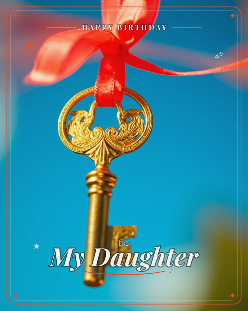 An ornate gold key with a scrolled, leafy bow hangs from a red satin ribbon tied in a bow, photographed close up against a bright, clear blue sky, a birthday e-card design