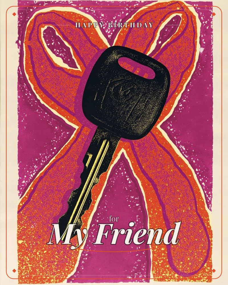 A bold linocut-style print shows a single black car key laid over a large orange bow, all set against a hot magenta background with a speckled…, a birthday e-card design