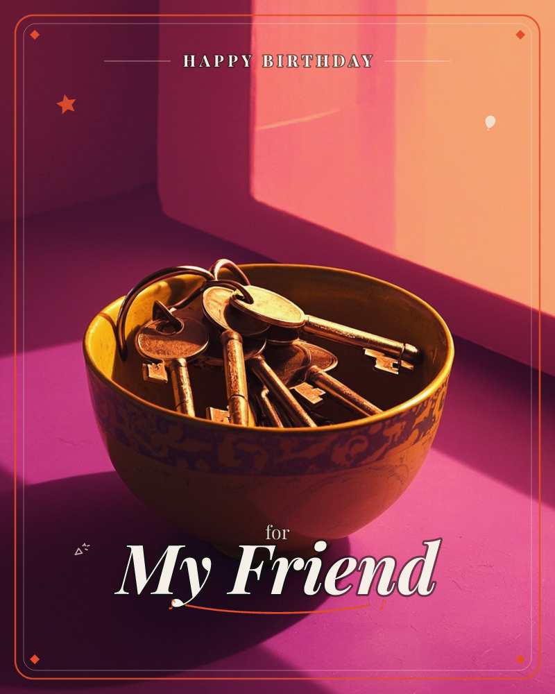 A small patterned bowl holds a bundle of old-fashioned keys on a ring, lit by a sharp wedge of warm sunlight against magenta-toned walls, a birthday e-card design
