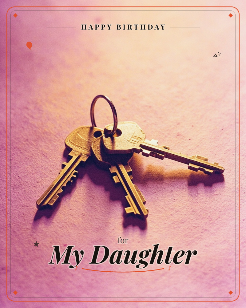 A close-up photograph of three brass keys on a single ring, resting on a textured paper surface bathed in warm pink and amber light, a birthday e-card design