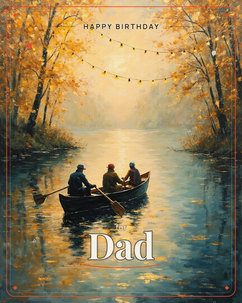 A river painted in glowing gold and blue winds between autumn trees, their leaves shimmering with reflected light, a birthday e-card design