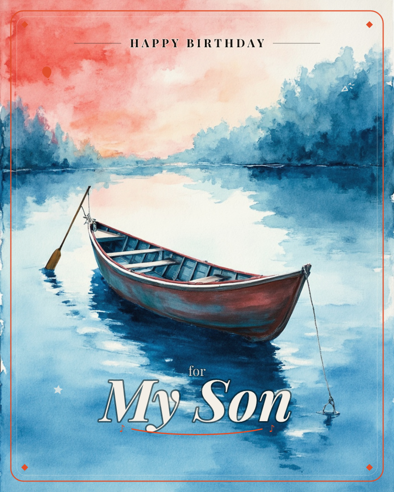 An empty rowboat sits moored on still water, its oar propped against the seat and a rope trailing to an anchor below the surface, a birthday e-card design