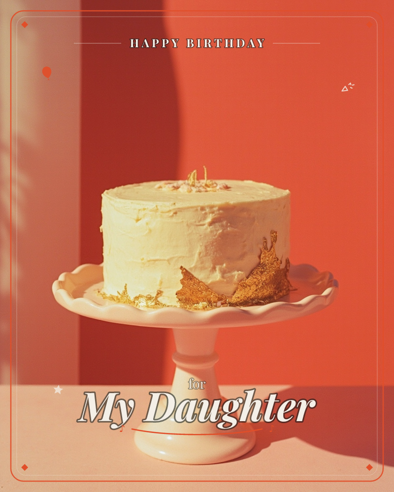 A cream-frosted layer cake sits on a scalloped ceramic stand against a bold burnt-orange wall, its surface roughly swirled and dotted with a few gold…, a birthday e-card design