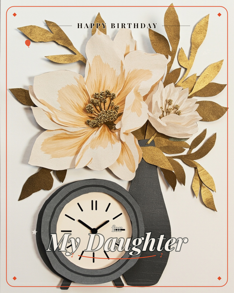 A paper-craft still life shows a charcoal-grey clock and a matching vase sitting side by side, with large cream and gold paper flowers and gilded…, a birthday e-card design