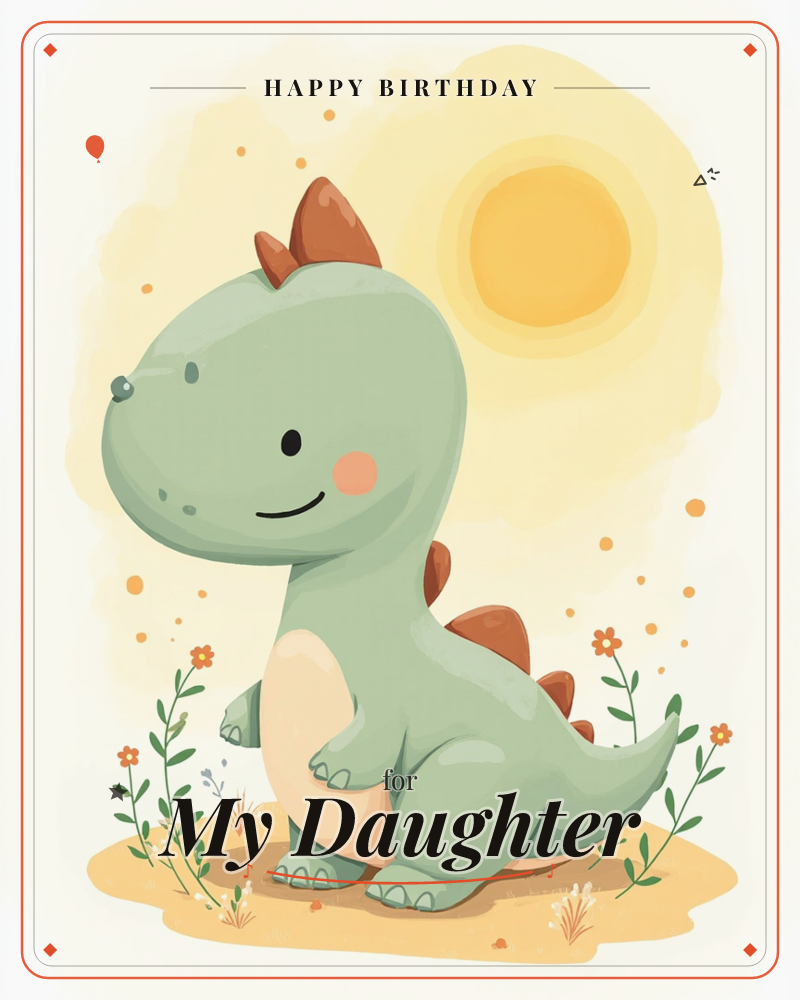 A round-bellied green dinosaur with rust-orange spikes stands smiling on a sandy patch scattered with tiny wildflowers, a birthday e-card design