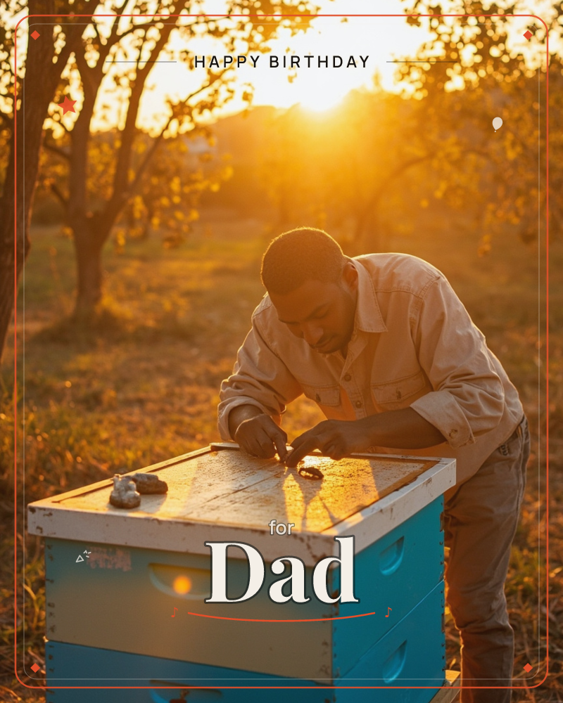 A man leans over a turquoise beehive box in an orchard, working carefully on its lid as the low sun blazes through the trees behind him, a birthday e-card design