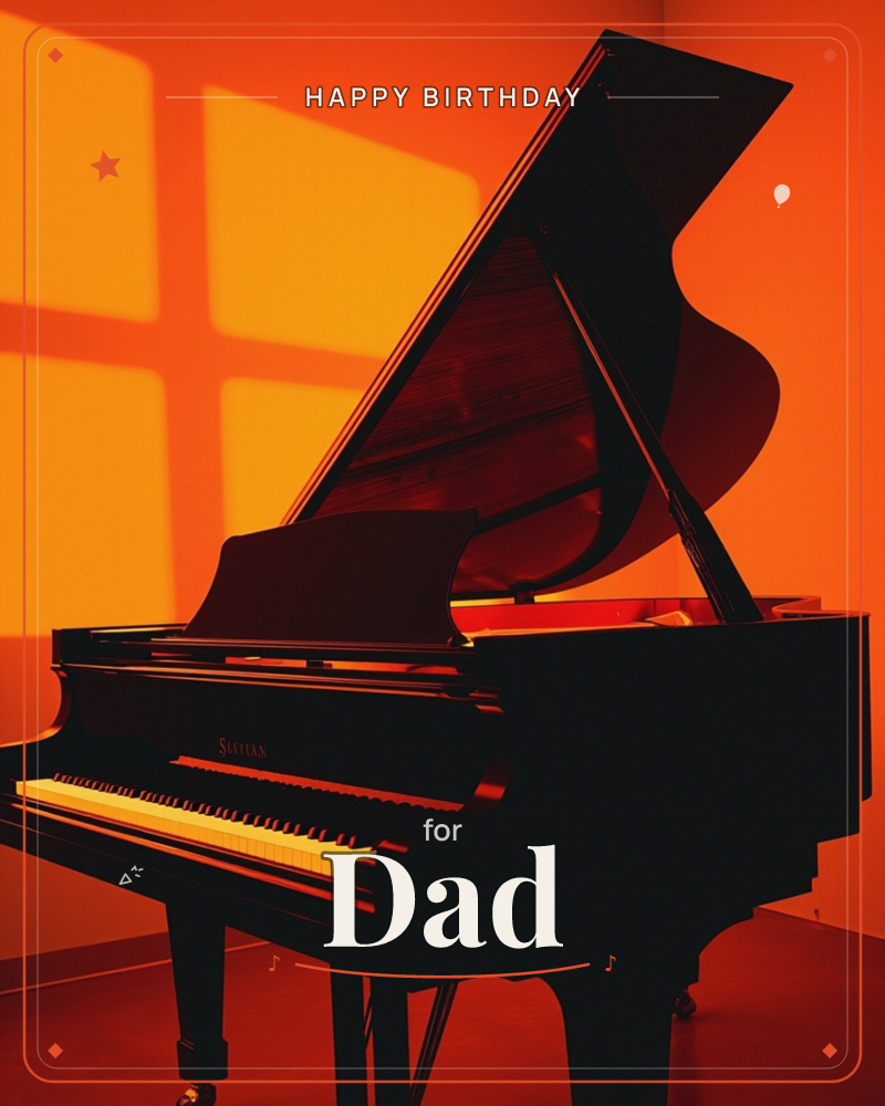 A black grand piano sits open in a room washed entirely in deep orange light, its lid raised and keys catching a pale gleam, a birthday e-card design
