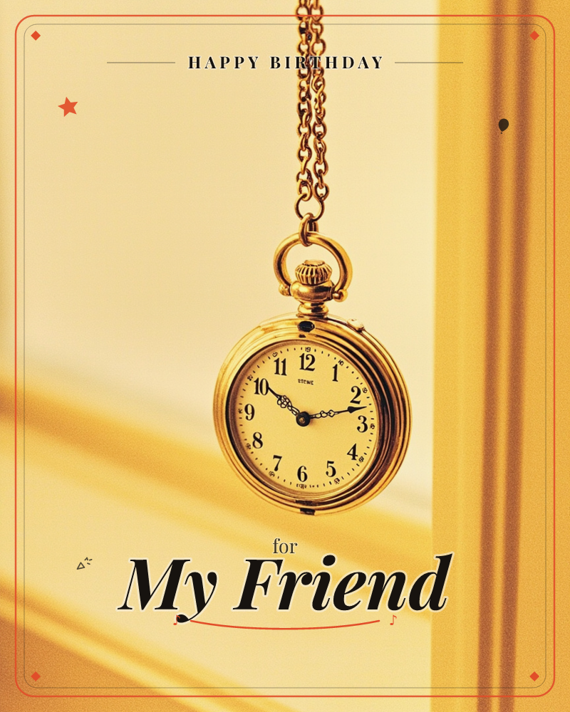 A gold pocket watch dangles from its chain against a warm, golden-lit wall, its round face showing classic black numerals and hands frozen near ten…, a birthday e-card design
