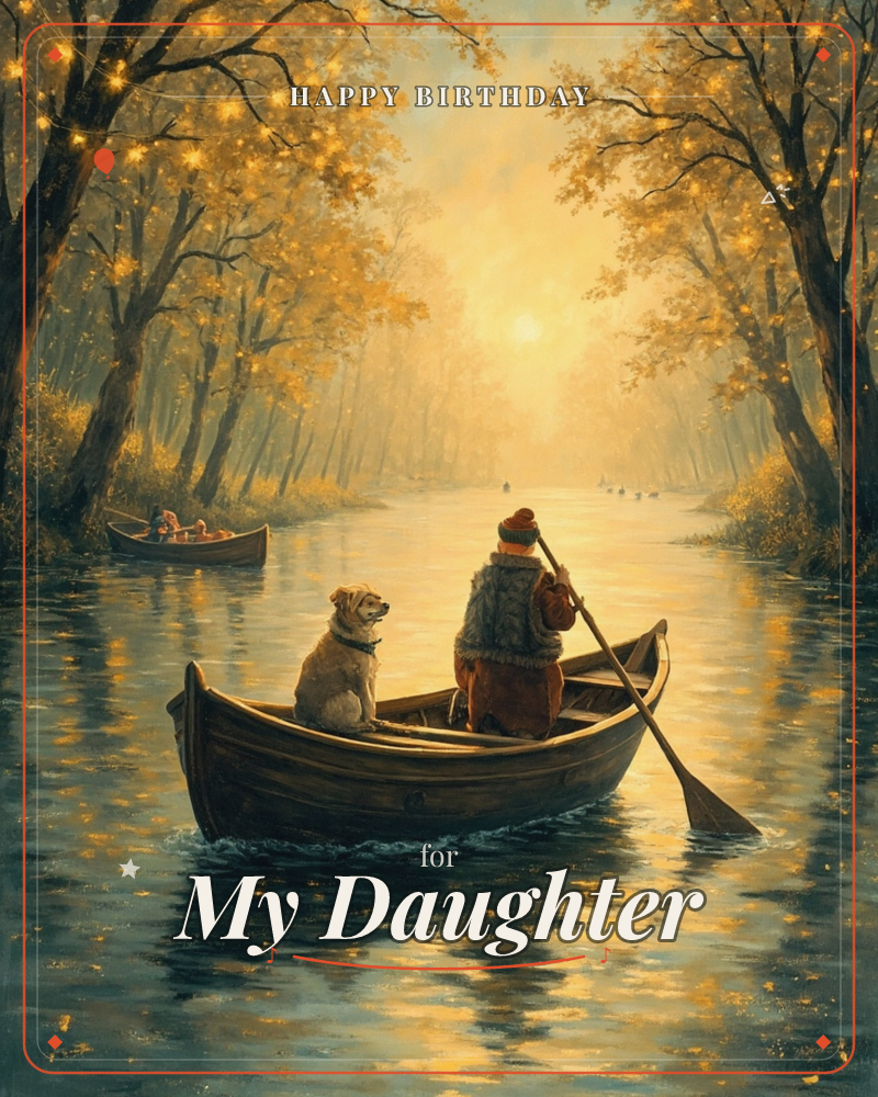 A wooden rowboat glides down a quiet, tree-lined river at golden hour, a person in a fur-trimmed coat paddling while a small dog sits watchfully at the…, a birthday e-card design