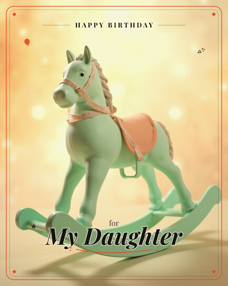 A mint-green rocking horse with a peach saddle and rope mane stands against a warm golden background scattered with soft, glowing bokeh lights, a birthday e-card design