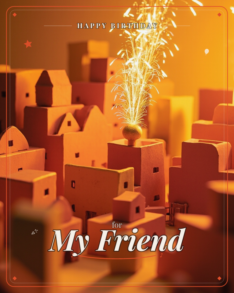 A miniature clay village of stacked houses and doorways glows amber under warm light, with a single sparkler firework bursting from a rooftop at its…, a birthday e-card design