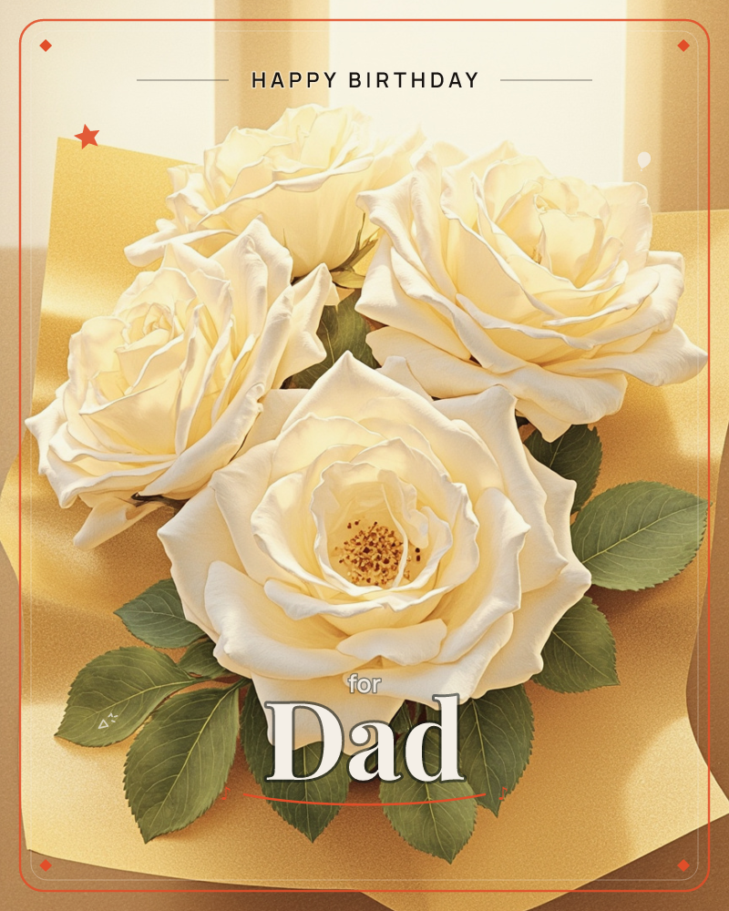 A cluster of full-bloomed cream roses rests atop crinkled golden paper, their petals catching a soft warm light from behind, a birthday e-card design
