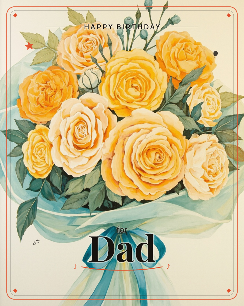 A lush bouquet of golden-yellow roses in full bloom fills the page, wrapped in pale mint-blue paper and tied with a soft teal ribbon bow at the base, a birthday e-card design