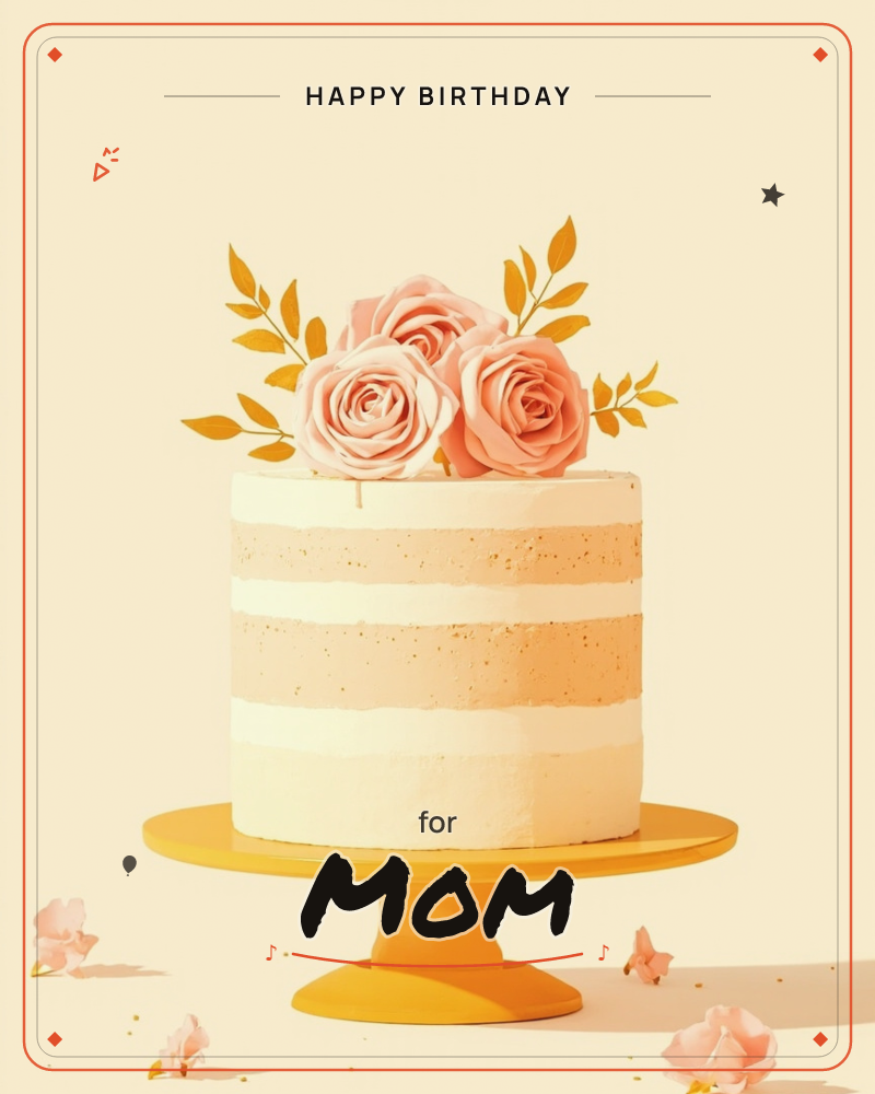 A tall layered cake with a semi-naked buttercream finish sits on a mustard-yellow cake stand, striped in cream and pale caramel, a birthday e-card design
