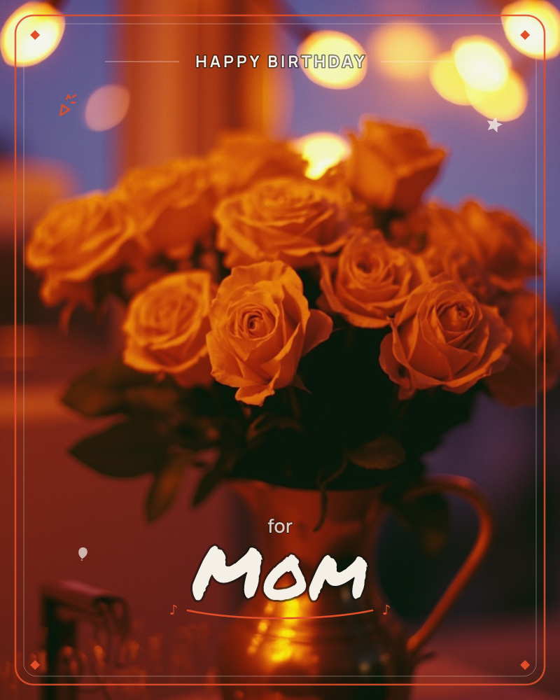 A generous bouquet of golden-orange roses fills a small brass jug, glowing warm against a hazy blue evening backdrop dotted with strings of soft bokeh…, a birthday e-card design