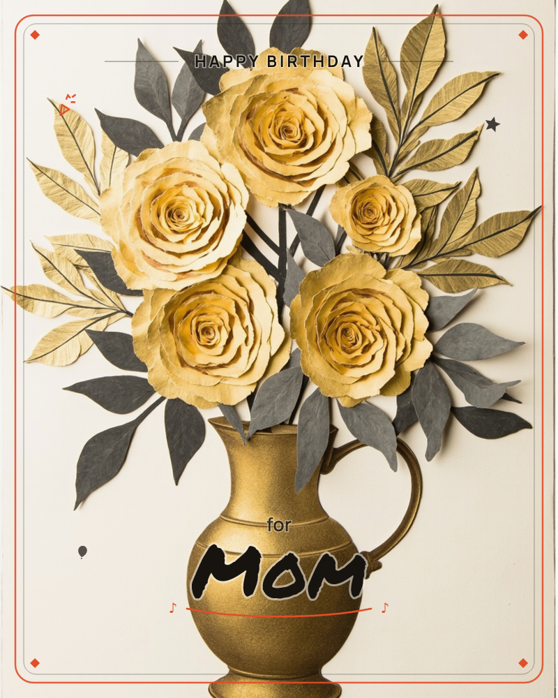 A cut-paper still life shows a gilded jug overflowing with five paper roses in warm cream and gold, set among dark charcoal and metallic gold leaves, a birthday e-card design