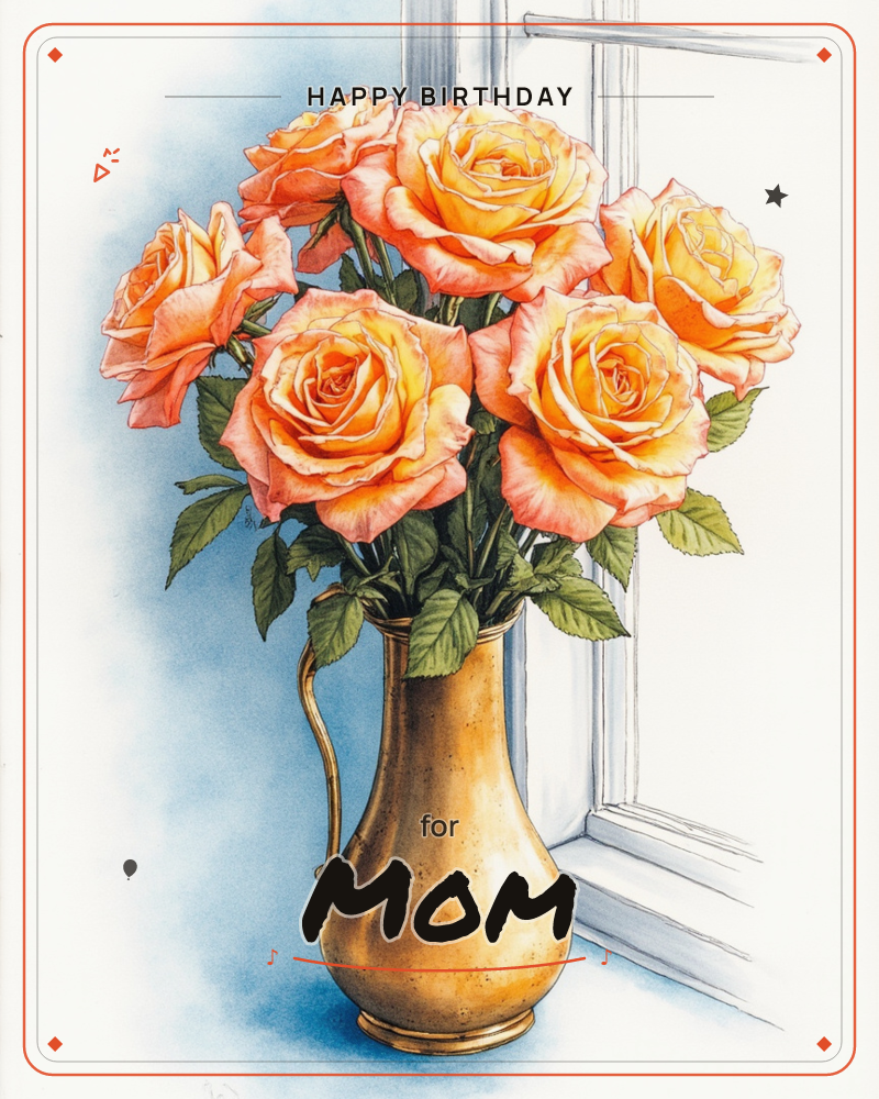 A brass jug filled with peach and gold roses sits on a windowsill, painted in soft watercolour washes with a hazy blue background suggesting daylight…, a birthday e-card design