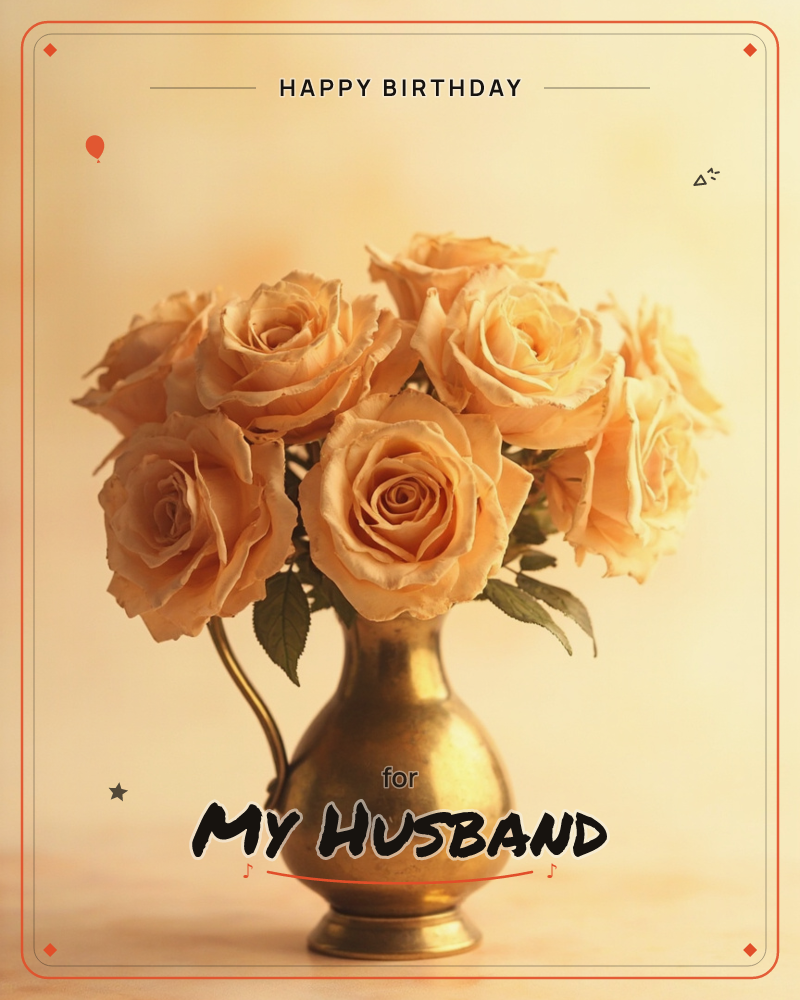 A cluster of full-blown peach and apricot roses fills a small brass pitcher, their petals softly ruffled and edged with warm gold light, a birthday e-card design