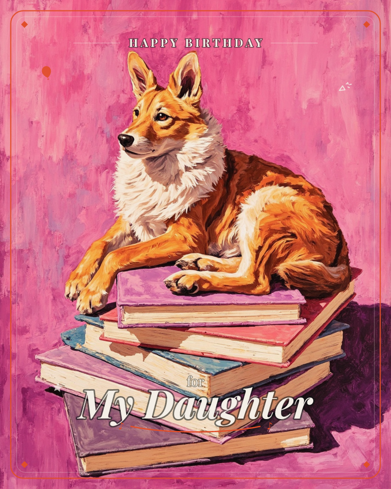 A corgi-like dog with a fox-red coat and white ruff lies regally atop a stacked pile of colourful books, set against a bold magenta background painted…, a birthday e-card design