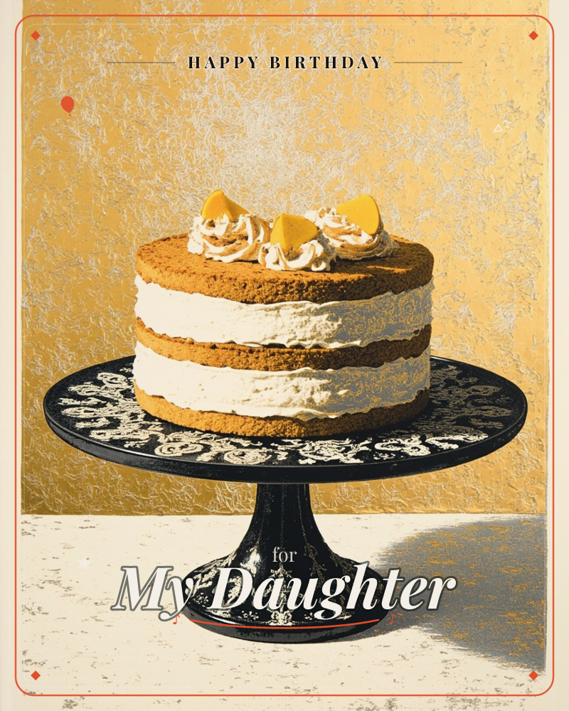 A tall layered sponge cake sits on an ornate black cake stand, its tiers filled with billows of cream and topped with swirled piping and slices of…, a birthday e-card design
