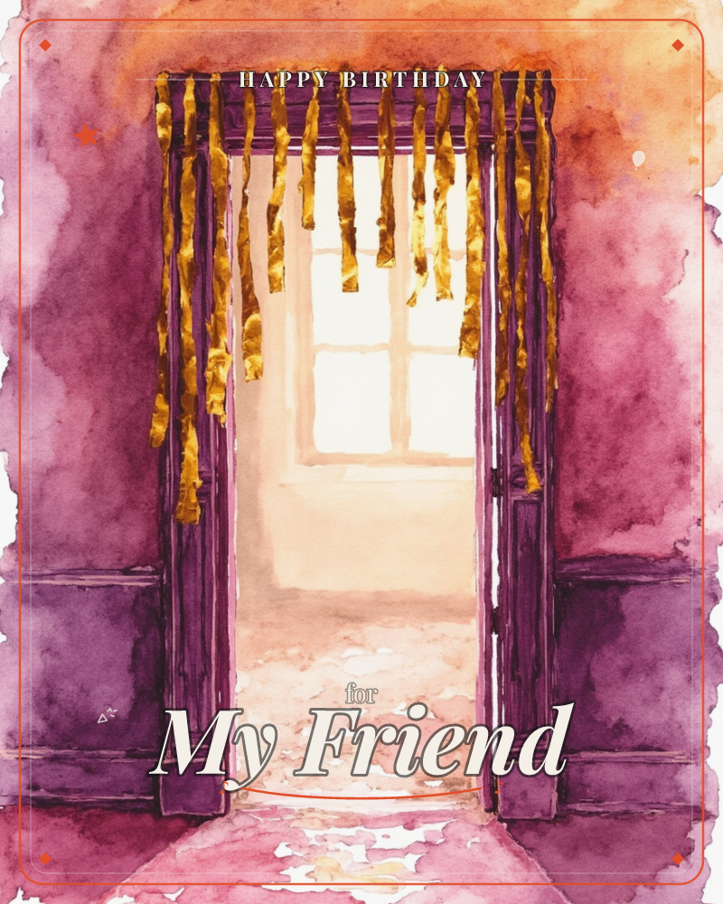 A watercolour doorway glows magenta and orange, its purple frame hung with a fringe of gold streamers left over from a party, a birthday e-card design