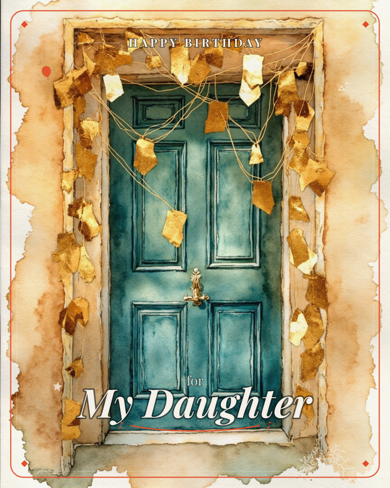 A teal panelled front door with a small brass knocker sits framed by strings of gold foil bunting, the paper flags scattered loosely across the doorway…, a birthday e-card design