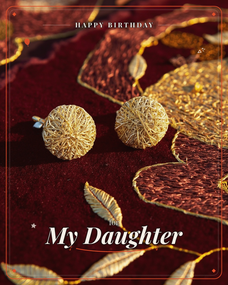 A close-up photograph of two round gold-thread button earrings resting on richly embroidered deep-red velvet, surrounded by metallic leaf and vine…, a birthday e-card design