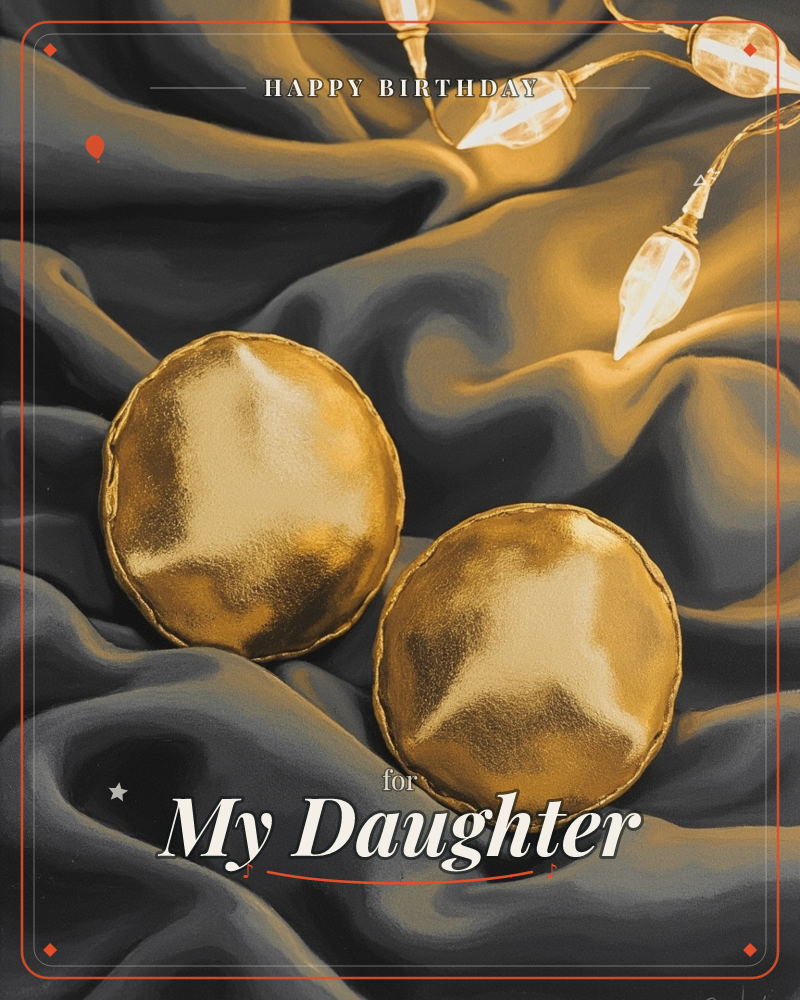 Two round gold ornaments rest in the folds of dark charcoal fabric, their surfaces catching warm light in soft dented highlights, a birthday e-card design
