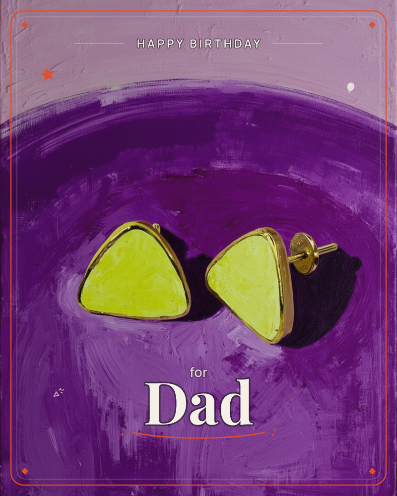 A close-up painting of a pair of triangular stud earrings, chartreuse-yellow stones set in gold frames, resting on a bold field of purple, a birthday e-card design