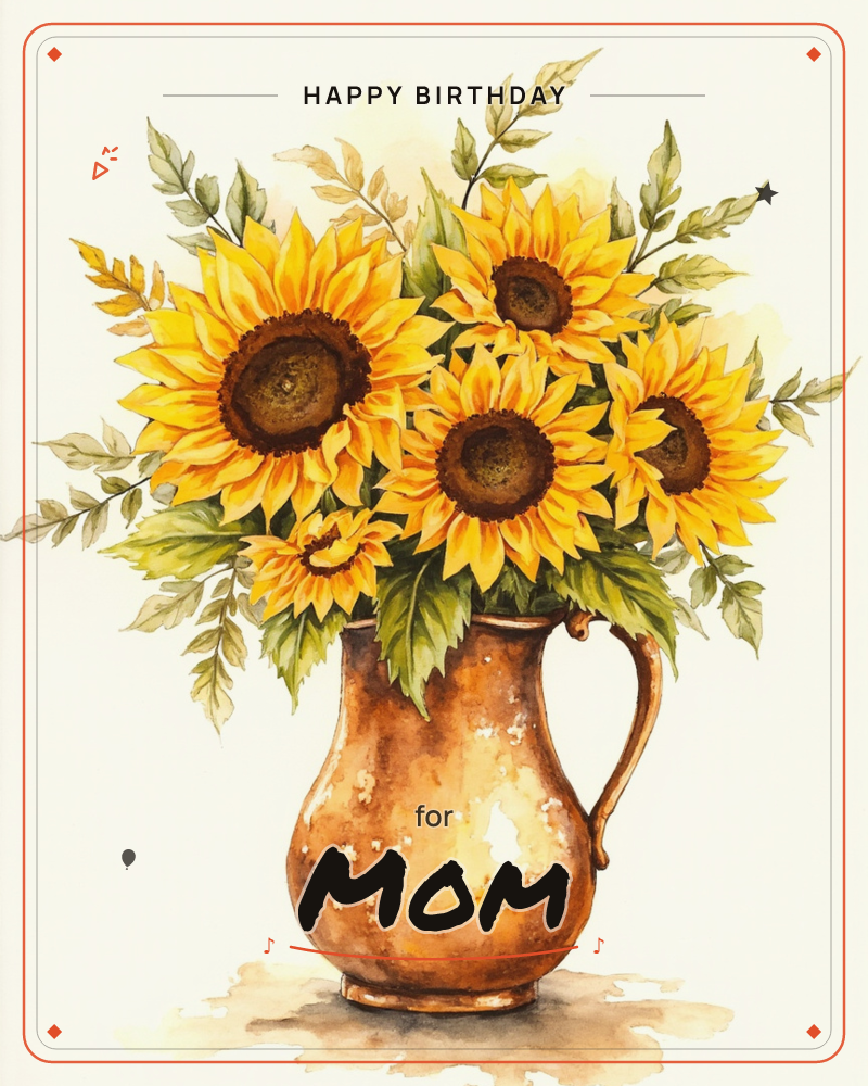 A copper pitcher holds a bright bunch of sunflowers, their dark centres and golden petals filling the frame with leafy sprigs tucked among them, a birthday e-card design