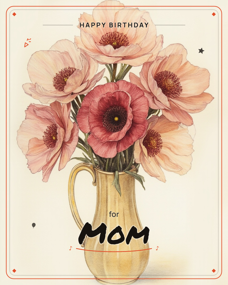 A cluster of pale pink and rosy poppies stands in a golden ceramic pitcher, their crinkled petals fanning outward around a single deeper crimson bloom…, a birthday e-card design
