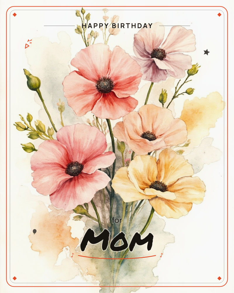 A loose watercolour bouquet of poppies in coral, blush, lavender and buttery yellow, their dark centres anchoring soft tissue-paper petals, a birthday e-card design