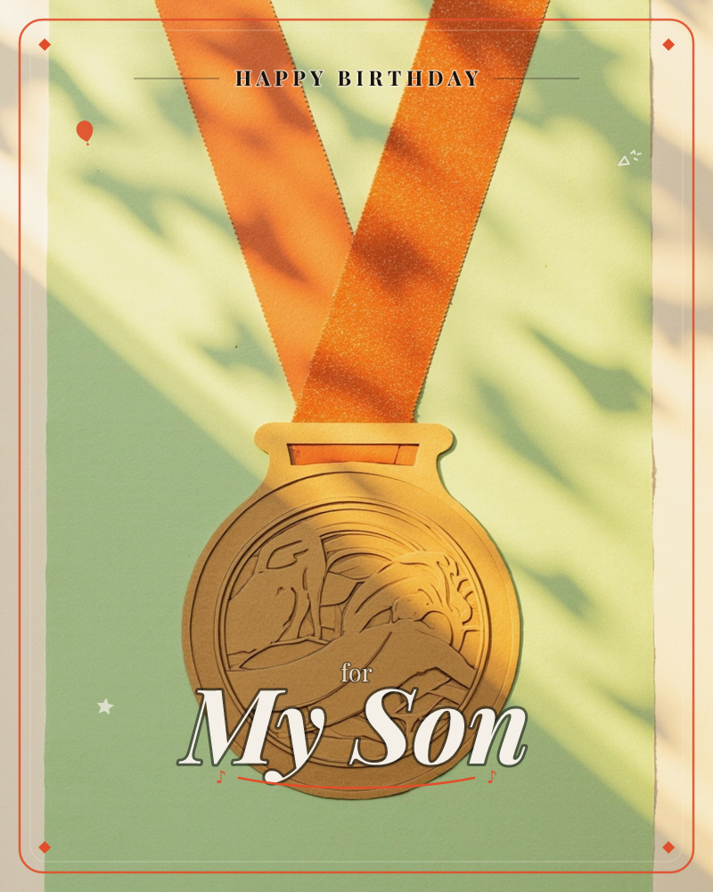 A gold medal with an embossed running figure hangs from a bright orange ribbon against a soft sage-green background, a birthday e-card design