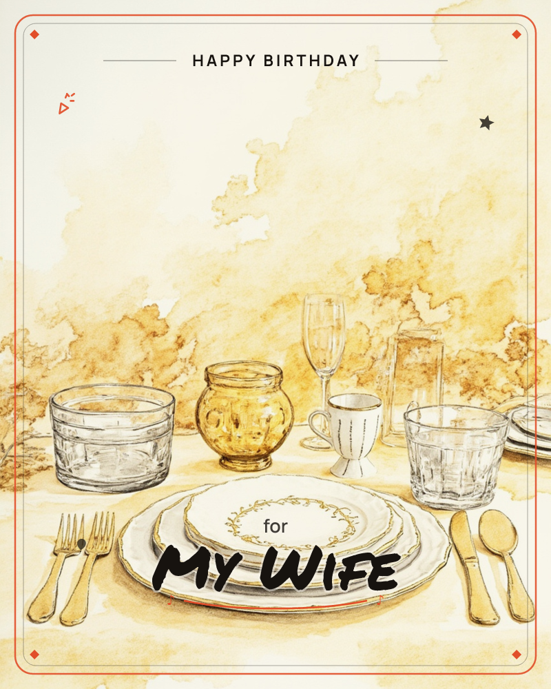 A formal table setting is rendered in golden sepia watercolour washes, with stacked gilt-rimmed plates, crystal tumblers, a champagne flute, a small…, a birthday e-card design